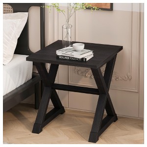 Angel Sar Square Accent Table, Black Veneer End Table with Trestle Base, Small Nightstand for Living Room Bedroom, Easy Assembly Side Table - 1 of 4