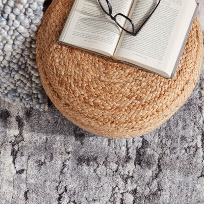 Natural Jute Braided Round Pouf Ottoman, Beige - 18"x12"