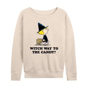 Women's - Peanuts - Witch Way To The Candy Lightweight French Terry Wide Neck Long Sleeve Shirt - 1 of 4