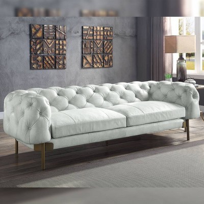 Vintage White Tufted Leather Chesterfield Sofa with Metal Legs