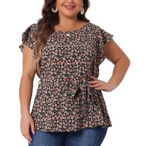 Agnes Orinda Women's Plus Size Crew Neck Floral Tie Waist Ruffle Flare Sleeve Blouses - 1 of 4