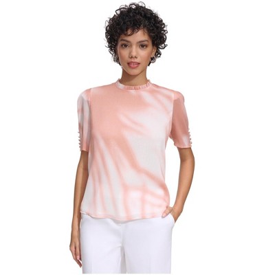 Calvin Klein Womens Pleated Collar Puff Sleeve Ruffled Blouse