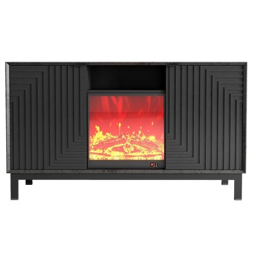 HomeRoots 58" Black Ribbed Texture Wood Enclosed and Open Storage TV Stand With Fireplace