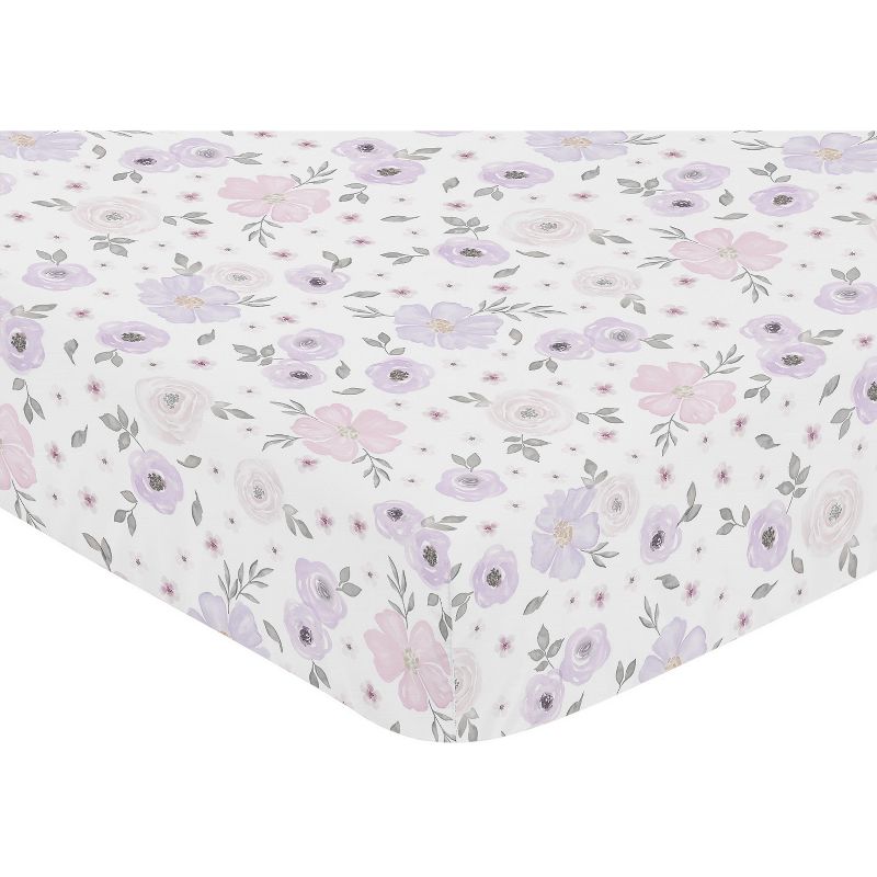 Sweet Jojo Designs Girl Jersey Knit Baby Fitted Crib Sheet Watercolor Floral Lavender Purple Pink and Grey, 4 of 8