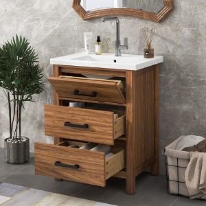 YOOCOZZ 24'' Freestanding Bathroom Vanity with Ceramic Basin and 3 Drawers-Natural Wood - 1 of 4