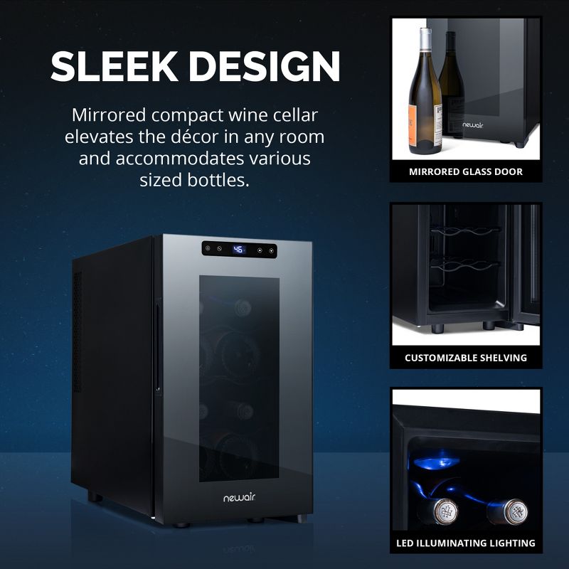 Newair Shadow-T Series Wine Cooler Refrigerator, 8 Bottle Countertop Mirrored Compact Wine Cellar, Small Freestanding Glass Door Wine Fridge, 5 of 17