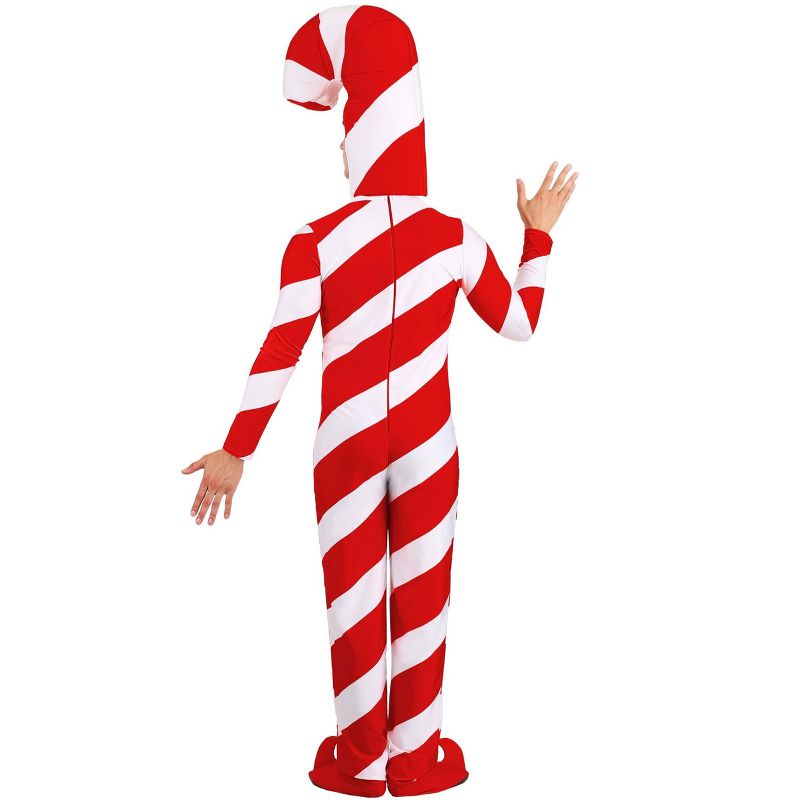 HalloweenCostumes.com Plus Size Adult Red Candy Cane Bodysuit Costume | Festive Christmas Holiday Jumpsuit with Hood and Boot Covers, 2 of 10