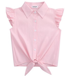 Clearlove Girls Sleeveless Plaid Button Down Shirt Summer Cropped Top with Tie Waist and Ruffled Hem Cute Casual Blouse Pink2 130 - 1 of 4