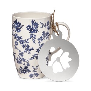 TAG Cottage Blue Floral Flower Coffee Mug & Stencil Stoneware Dishwasher Safe, 22 oz. - 1 of 2