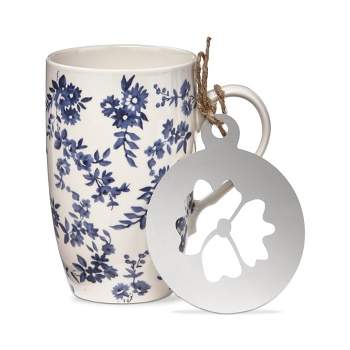 TAG Cottage Blue Floral Flower Coffee Mug & Stencil Stoneware Dishwasher Safe, 22 oz.
