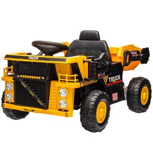 Qaba Kids Ride on Dump Truck, 12V Ride on Electric Car UTV w/ Electric Dump Bed, Shovel, Spring Suspension Wheels, Music Player & Headlights - 1 of 4