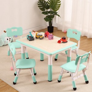 Kids Table and Chairs Set, Toddler Height Adjustable Desk with Graffiti Desktop, 4 Seats - 1 of 4