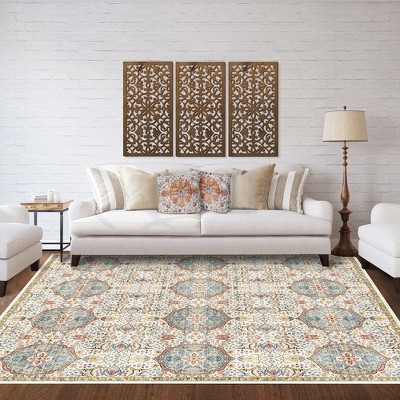 Crystal Print Kiran Moroccan Bohemian Medallion Tile Indoor Livingroom Dining Bedroom Flat Pile Easy Care Area Rug