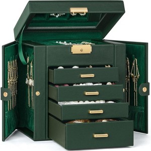 Leather Jewelry Box with Mirror & Lock, 3-Tier Organizer with 2 Drawers for Necklaces & Bracelets - 1 of 4