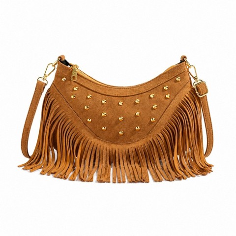 Женская сумка Alilang Studded Fringe Crossbody Bag Suede Look Crescent Shoulder Purse with Adjustable Strap - Brown, цвет: Коричневый