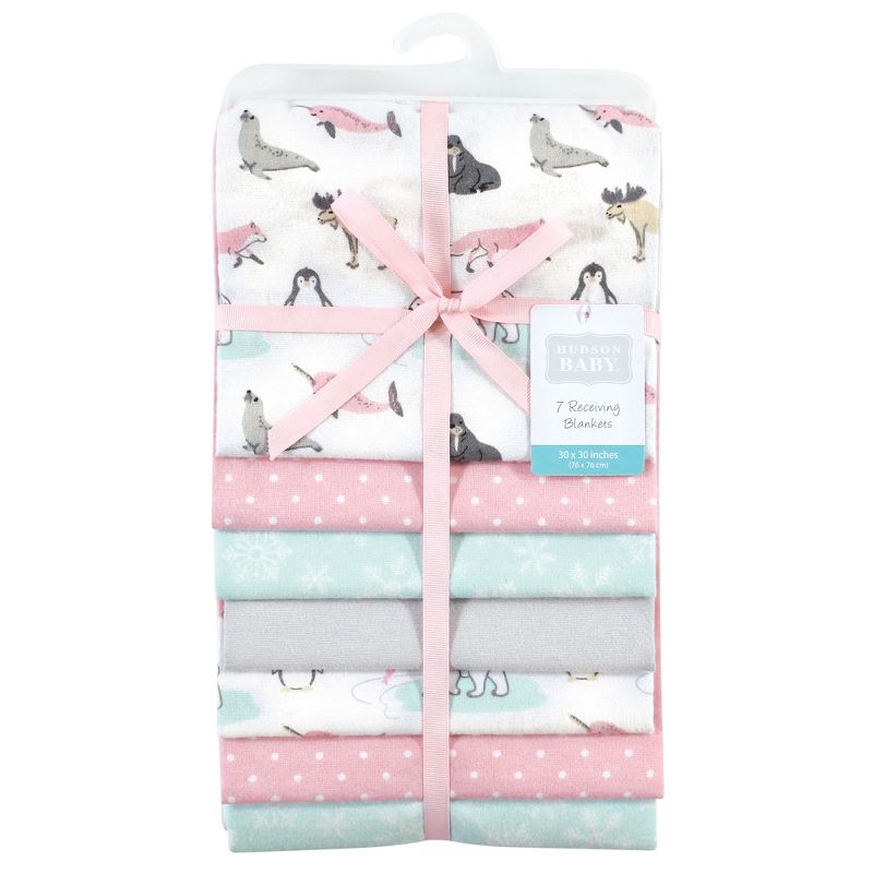 Hudson Baby Infant Girl Cotton Flannel Receiving Blankets Bundle, Girl Arctic Animals, One Size, 2 of 7