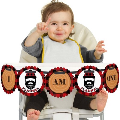 Big Dot of Happiness Lumberjack - Channel the Flannel 1st Birthday Highchair Decor - I Am One - Buffalo Plaid First Birthday High Chair Banner