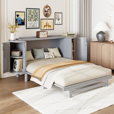 TIRAMISUBEST Full/Queen Size Murphy Bed with Hidden Storage Space, Modern Woven Design Cabinet Folding Bed