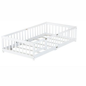 COWLOWN Twin Size Floor Bed with Safety Fence & Door, Rubber Wood Montessori Bed for Toddlers - 1 of 4