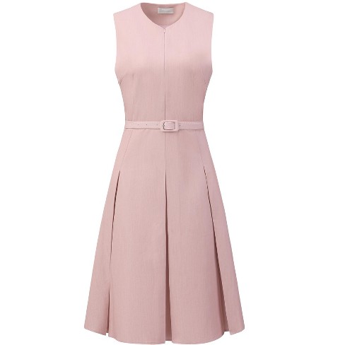 Hobemty Women s Round Neck Sleeveless Zip Front Belted Fit Flare Work Dresses Pink X large Target