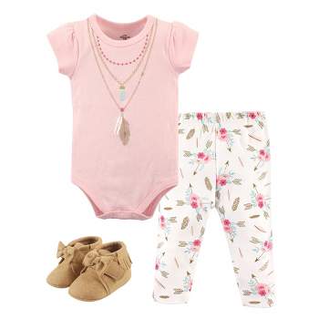 Little Treasure Baby Girl Cotton Bodysuit, Pant and Shoe 3pc Set, Boho