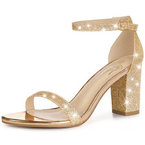 Perphy Women's Glitter Ankle Strap Chunky High Heels Sandals Gold 6