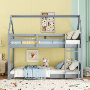 Kumasinova Twin-Over-Twin Bunk Bed, Wooden House Floor Bed, Bed Frame with Headboards, Footboards, Ladder & Full-Length Guardrails for Children - 1 of 4