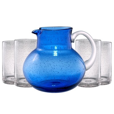 Artland Iris 90oz Hand Blown Pitcher & Set of 4 17oz Highball Glasses, Unique Bubble Design, Lead-Free Glass for Serving Beverages