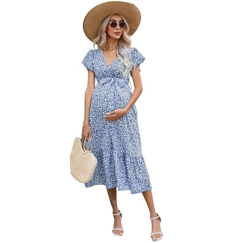 Women's Maternity V Neck Wrap Maxi Summer Dress Short Sleeve Boho Casual Nursing Dress Baby Shower Photoshoot Belt, 1 of 8