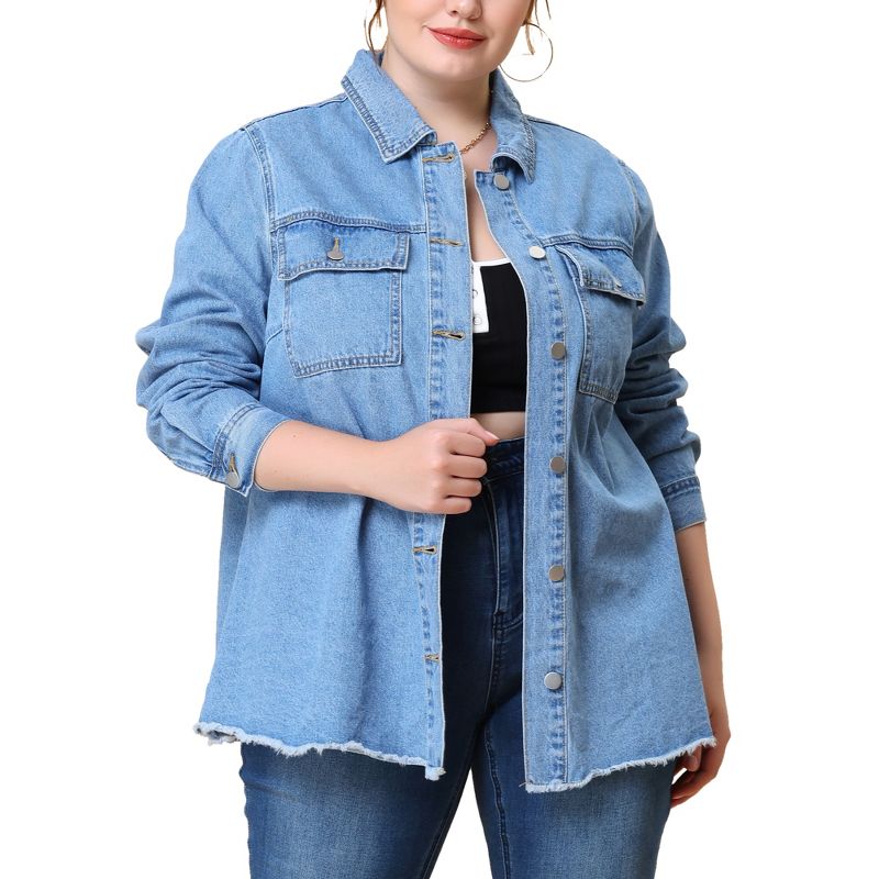 Agnes Orinda Women's Plus Size Jacket Casual Washed Frayed Denim Jackets, 2 of 6