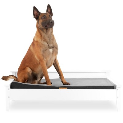 Large White Wooden Elevated Orthopedic Pet Bed with Water-Resistant Mattress