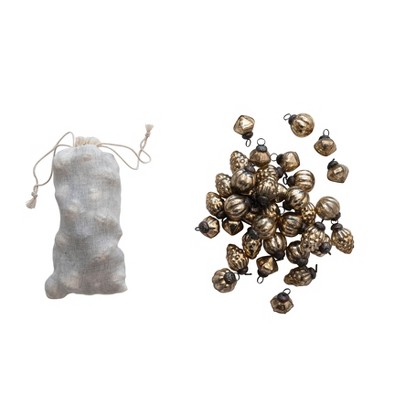 Storied Home Embossed Mercury Glass Ornaments in Muslin Bag, Antique Gold Finish, Set of 36