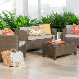 4-Piece Outdoor Sofa Set with Cushions, PE Wicker Rattan Seating Group with Loveseat, Club Chairs, and Coffee Table for Backyard, Patio, or Garden - 1 of 4
