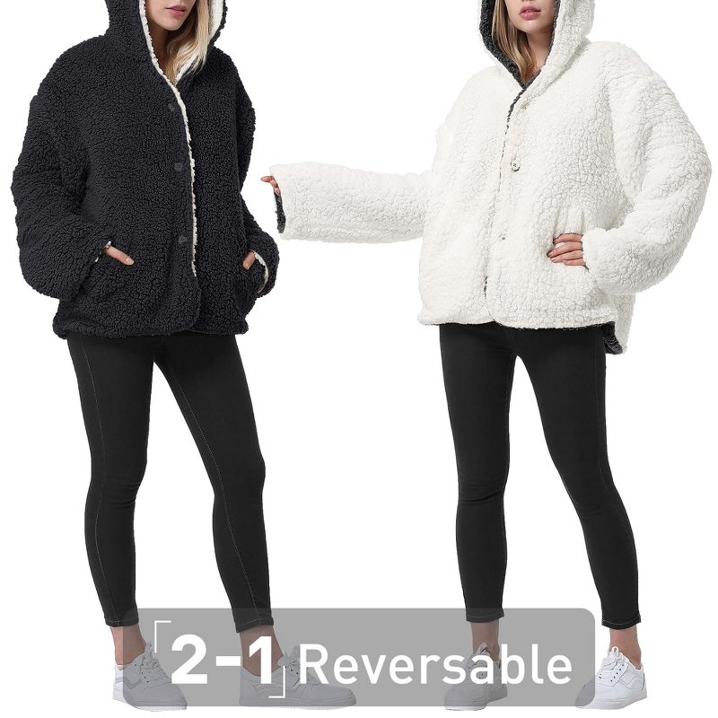 Tirrinia Black Fleece Hooded Jacket Coat for Women, Super Soft Comfy Foxy Plush Reversible Casual Winter Blanket Jackets Hoodie, 3 of 8