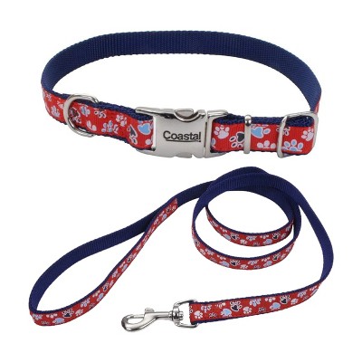 Coastal Pet Ribbon Dog Leash Set - Patterned Dog Leash (5/8" x 6') & Patterned Dog Collar (5/8" x 12"–18") - Red with Paws