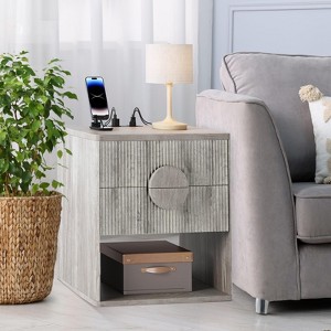 Nightstand Wide Fluted Nightstand with Charging Station, Wood Nightstands with 2 Drawers and Open Shelves, Modern Night Stand - 1 of 4