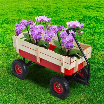 FURNIinspire Wheelbarrows And Lawn Carts Outdoor Sport Wagon Tools Cart Wooden Side Panels Air Tires Wagon, Garden Cart With Handle, Red, 39“*16"*20"