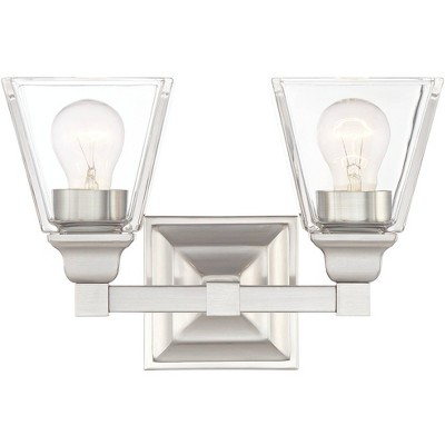 Regency Hill Mencino Modern Wall Light Satin Nickel Hardwire 12 3/4" 2-Light Fixture Clear Glass Shade for Bedroom Bathroom Vanity Living Room Hallway
