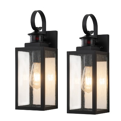 C Cattleya 2-Pack 16.75in Matte Black Motion Sensor & Dusk to Dawn Outdoor Wall Lantern with Seeded Glass