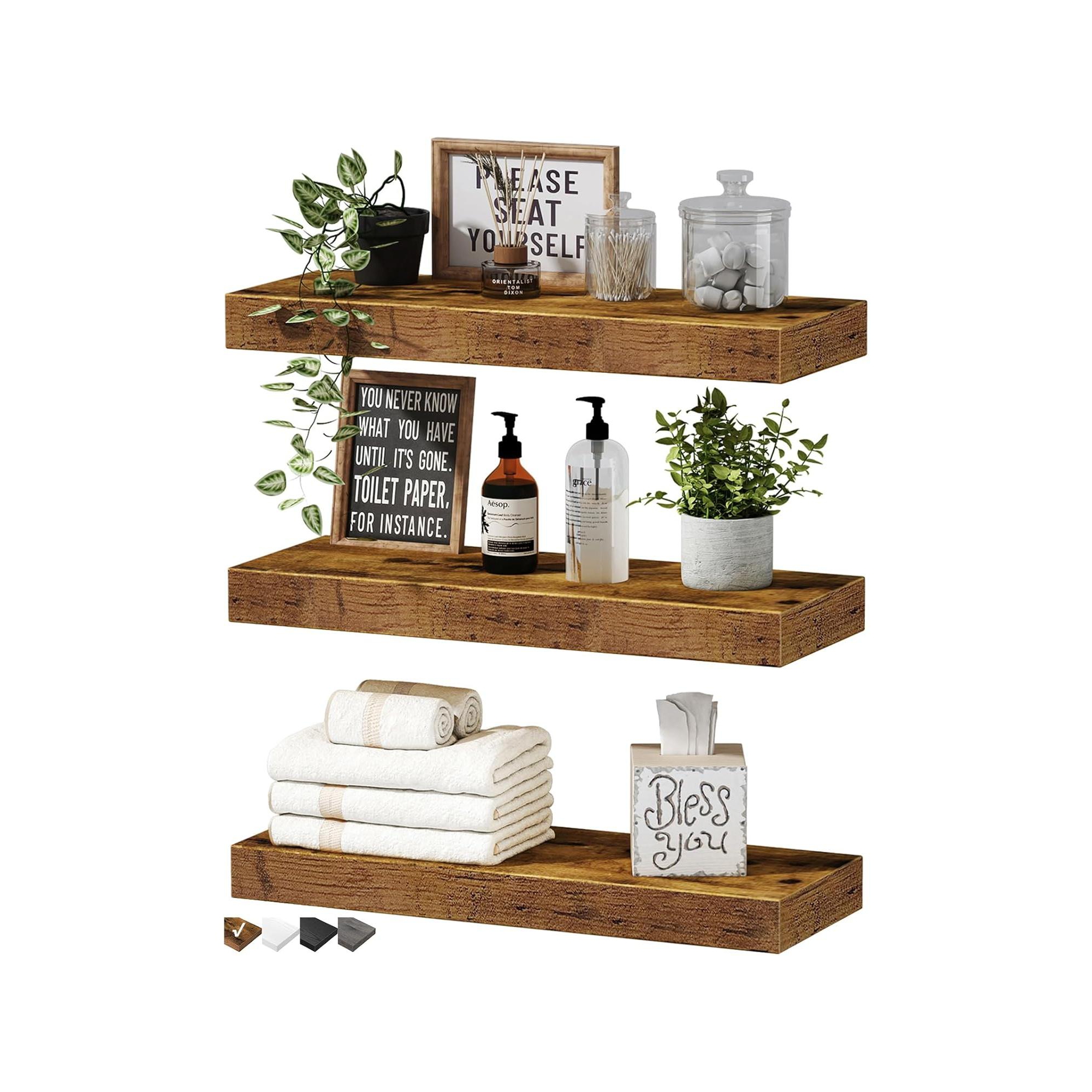 3-Pack 15.7 Inch Small Farmhouse Floating Shelves, Wall Mount Book Storage for Bathroom Bedroom Living Room