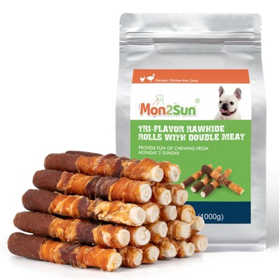 MON2SUN Dog Treats, Triple Flavor 6 Inch Chicken Liver Duck and Chicken Wrapped Rawhide Sticks, Teeth Cleaning Snacks for Medium Dogs