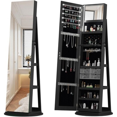 QingMoon 360° Swivel Full Length Mirror, with Lockable Standing Jewelry Cabinet Organizer for Bedroom, Cloakroom and Living Room