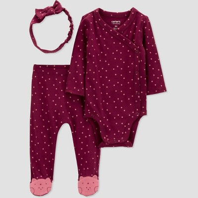 Image of Carter's Just One You® Baby Girls' 3pc Dotted Top & Bottom Set with Headband - Dark Pink 3M