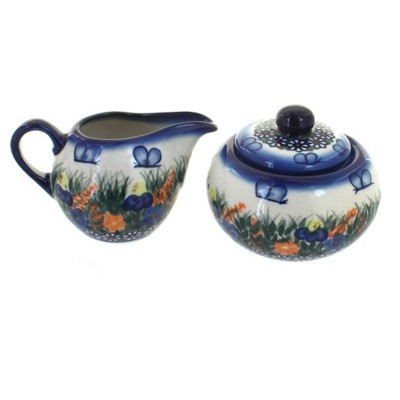 Blue Rose Polish Pottery Spring Butterfly Sugar Bowl & Creamer Set