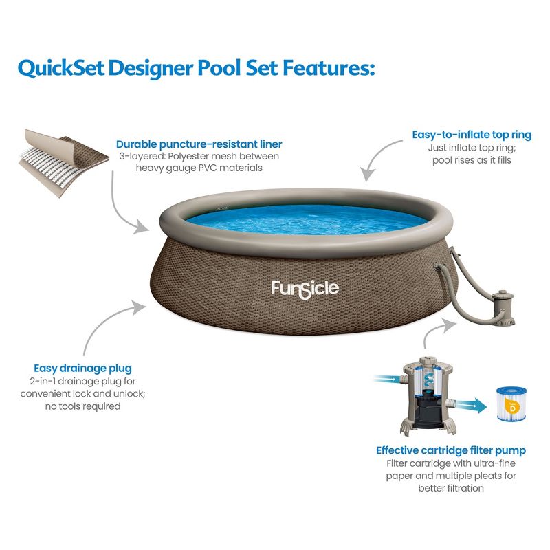 Funsicle QuickSet Round Inflatable Ring Top Outdoor Above Ground Swimming Pool Set with Pump and Cartridge Filter, Brown Triple Basketweave, 4 of 8