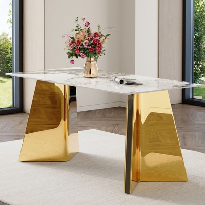 Sapphtopaz Dining Table Kitchen Table 63" Marble-Patterned Slab Table with Stainless Steel Butterfly Legs for Kitchen, Dining Room