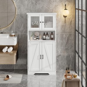 54" Tall Bathroom Cabinet, Freestanding Storage Cabinet with Glass Doors and Adjustable Shelves - 1 of 4