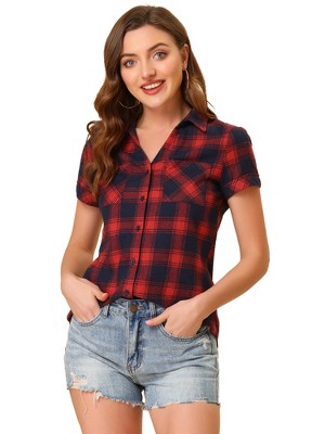 INSPIRE CHIC Women's Classic Short Sleeve Button Down Plaid Shirt