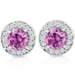Pompeii3 5/8ct Halo Diamond Pink Sapphire Studs 14K White Gold - 1 of 3