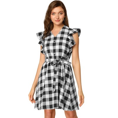 Allegra K Women's Casual Ruffled Sleeve A-line Vintage Gingham Check ...